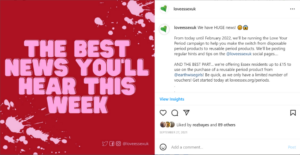 Screenshot of an Instagram post from Love Essex's 'Love Your Period' campaign. Red image with pink text saying 'the best news you'll hear this week.'