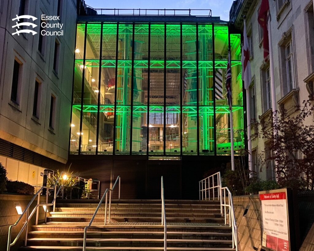 County Hall lit up in green, showing support for Let's Talk about Suicide month.
