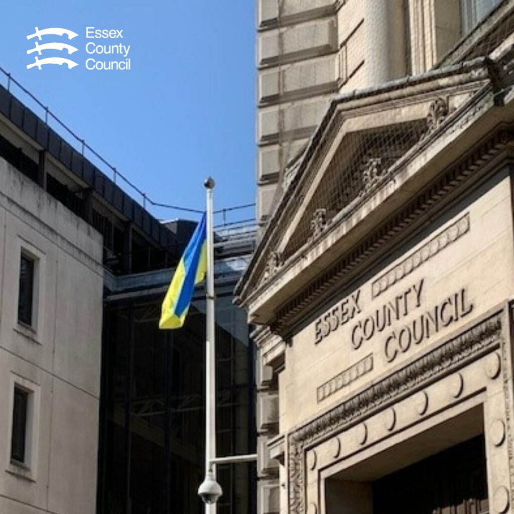 Ukrainian flag on a pole outside Essex County Council. 