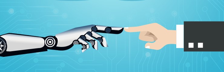 Image of a robot hand and human hand meeting at the fingertips