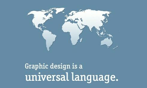 an illustration of the world map with "graphic design in a universal language" written in various languages.