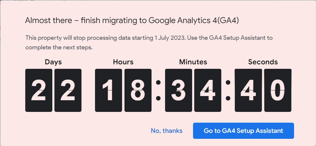 screen shot of a digital countdown clock on the Google Analytics homepage