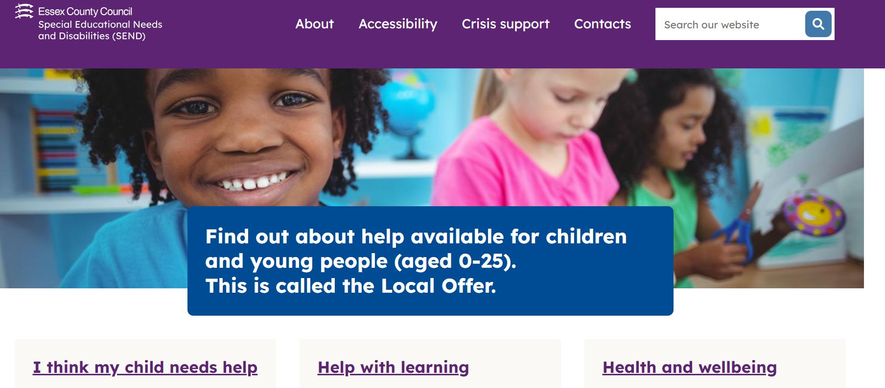 a screen shot of the Essex SEND local offer website, a kid smiles at the camera