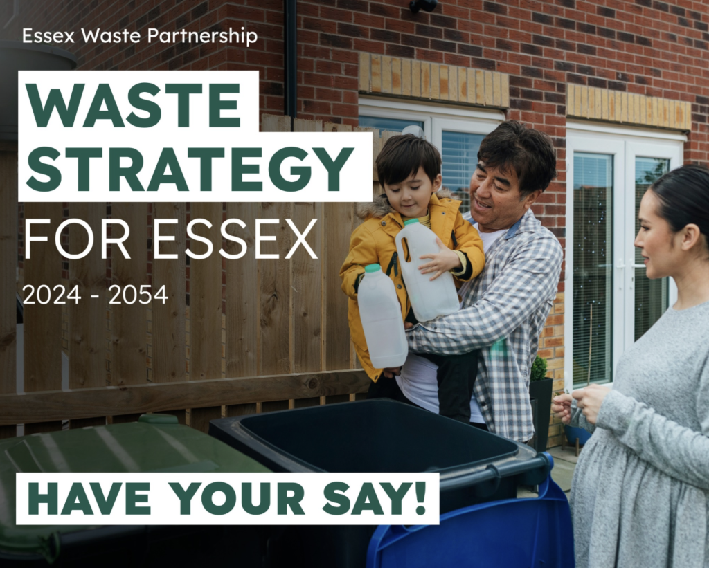 a photo of a child with his parents, on a poster for essex waste strategy
