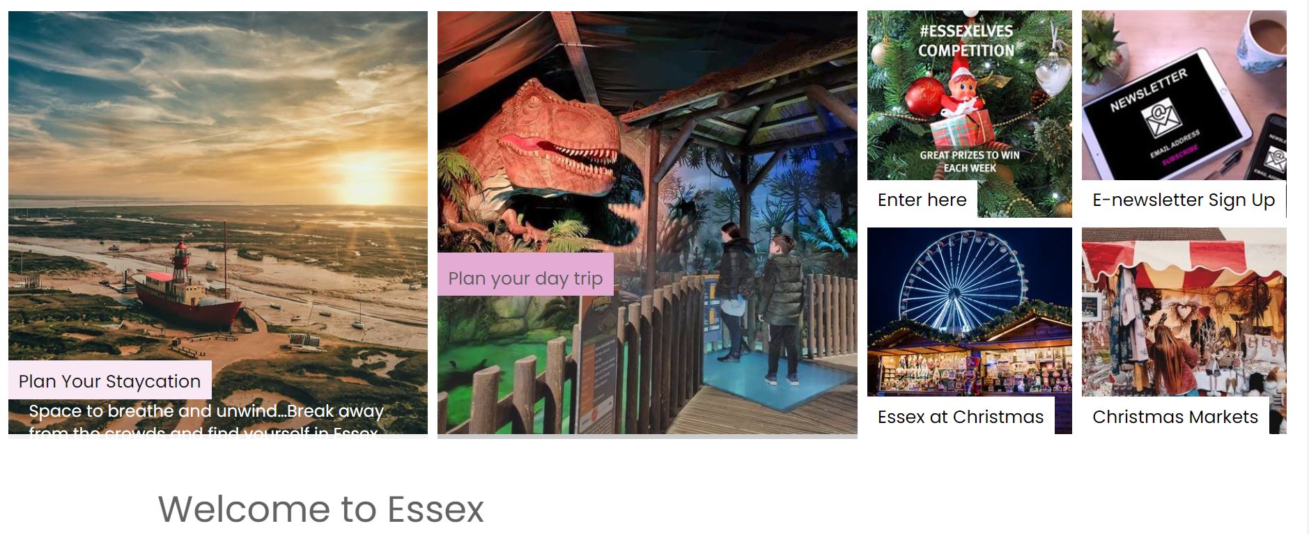 a screenshot of the visit essex homepage showing variuous destination
